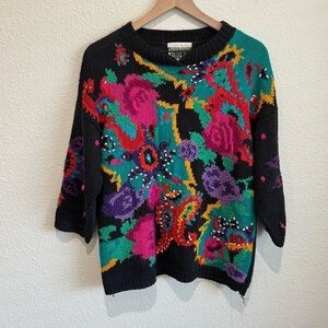 VTG 90's Forenza Hand Knitted Colorful Retro Sweater Bright Floral Funky‎ Groovy